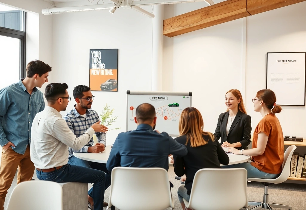 Equipo de Chickenroadtechs en reunión colaborativa discutiendo valores y misión